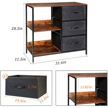Mighty Rock Storage Cabinet with 3 Drawers, Floor Cabinet with 2-Tier Shelves, Dresser Organizer Furniture Tower for Bedroom, Living Room, Hallway, Sturdy Steel Frame, Wood Top